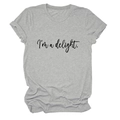 Detail of grey crewneck T-shirt with I'm a delight print and rolled-up cuff sleeves - Light Gray (Black Font)