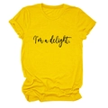 Macro detail of casual round neck cotton T-shirt with I'm a delight letter print - Yellow (Black Font)