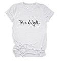 Detail of white cotton crewneck t-shirt featuring I'm a delight black script print - White (Black Font)