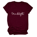 Detail of burgundy crew neck t-shirt featuring I'm a delight white script print - Wine Red (White Font)
