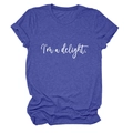 Close-up of violet blue t-shirt featuring I'm a delight white script print and rolled sleeves - Retro Blue (White Font)
