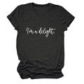 Detail view of charcoal grey crewneck t-shirt with white I'm a delight script printing - Heather Gray (White Font)