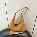 Minimalist ginger yellow faux suede shoulder tote bag with vintage magnetic buckle - Brown