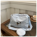 Detail of ice blue pleated shoulder bag with metallic butterfly and round mini pouch - Blue