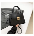 Close-up of black handbag with crocodile texture, gold buckle, and stylish stitching details - Black