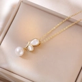 Elegante collana a fiocco dorata con intarsio in conchiglia e ciondolo a perla - Collana di Perle di Madreperla a Farfalla (X0096)