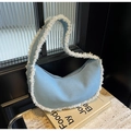 Light blue crescent canvas shoulder bag with white fringe tassel details for women - Blue