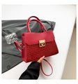 Dettaglio della trama coccodrillo rossa e fibbia dorata su elegante borsa in pelle - Rosso