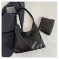 Conjunto de bolso tote de cuero negro brillante vintage con pochette de moda - Negro