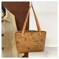 Brown faux leather tote bag with black letter print and detachable long shoulder strap - Brown