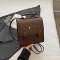 Brown leather backpack with embroidered puppy dog design and buckle closure - Dachshund Embroidery Style / Brown