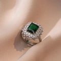 Adjustable silver ring featuring a large emerald-cut green zircon with pavé stones - Emerald Green (J090)