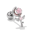 Internal helix piercing earring with pink star-shaped zircon and silver finish - Pink Star & Moon Key Style (EGD0590 White Gold Plated)