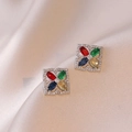 Square vintage stud earrings with colorful zircon stones on champagne satin fabric - Colorful Four Leaf Clover Earrings (E383)