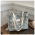 Detail of green striped canvas tote bag with fashion label and leather handle - Green Without Pendant