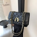 Modern black quilted crossbody bag with gold horseshoe buckle and leather chain strap - Black