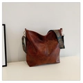Vintage brown large capacity faux leather shoulder bag with ethnic patterned strap - Brown