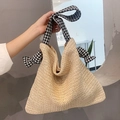 Bolso tote minimalista de paja tejida beige con lazo de pata de gallo para vacaciones - Blanco Roto