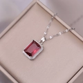 Elegant titanium steel necklace featuring a red rectangular zircon pendant in silver tone - Red Gemstone Necklace Set (X2097)