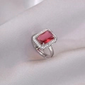 Elegant silver adjustable ring featuring a rectangular red zircon and sparkling halo stones - Red Rectangular Style (J0111)