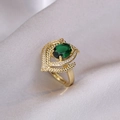 Adjustable golden ring with emerald green oval zircon and leaf-textured band detail - Emerald Gold Band Ring (J113)
