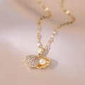 Elegant gold titanium steel shell pearl necklace with sparkling zircon pavé on satin silk - Shell Necklace (Pendant Included) / Gold