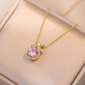 Elegant gold necklace with pink round gemstone and bow pendant in a satin jewelry box - Bowknot Pink Zirconia (X0217)