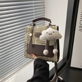 Green plaid crossbody bag with brown faux leather trim and plush cloud keychain - With Charm / Khaki
