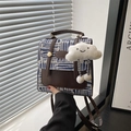 Blue and white plaid tote bag with brown leather trim and a cute cloud charm - With Charm / Blue