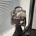 Brown leather and striped fabric crossbody bag with a plush cloud charm detail - With Charm / Brown