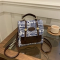 Blue and white plaid mini crossbody backpack with brown faux leather trim and top handle - No Pendant / Blue