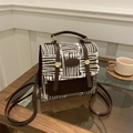 Retro plaid crossbody bag in dark brown and beige with a metallic circular clasp - No Pendant / Brown