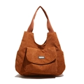 Brown corduroy tote bag with front pocket and shoulder straps on white background - Brown