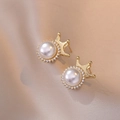 Elegant gold crown pearl stud earrings with sparkling zircon halo on silk fabric - Crown Pearl Stud Earrings (E0415)