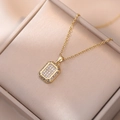 Elegant gold square pendant necklace with pavé zircon stones on a refined chain link - Square Plaque Necklace (X1558) / Gold