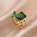 Anello vintage con gemma verde taglio smeraldo e fascia a sfere dorate su seta - Anello Aperto Smeraldo