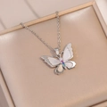 Elegant butterfly necklace featuring mother-of-pearl wings and colorful micro-set gemstones - Steel Color Butterfly Necklace Set