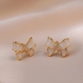 Elegant gold-plated bow stud earrings with cream enamel and sparkling zircon stones - Bow-knot Earrings (E483)