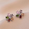 Sparkling colorful flower stud earrings with pear-cut gemstones and silver plating - Colorful Flower Earrings (E016)