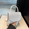 Elegant beige rhinestone flap crossbody bag with silver chain strap and top handle - White