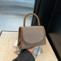 Brown suede mini bag with silver rhinestone flap and sleek metal chain strap - Brown