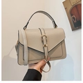 Minimalist beige lychee grain faux leather handbag with metal buckle and shoulder strap - Gray