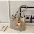 Minimalist beige metallic tote bag with woven shoulder straps and plush pendant - Beige With Charm