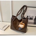 Brown large capacity tote bag with woven handles and cute plush charm pendant - Coffee with Pendant