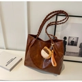 Dark brown faux leather tote with woven handles and a cute plush keychain charm - Brown with Pendant