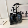 Minimalist large black tote bag with glossy finish and braided handles for women - Black