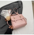 Pink faux leather convertible backpack and handbag with cute plush charm and metal buckles - With Charm / Pink