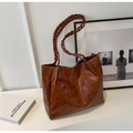 Minimalist large brown tote bag with woven shoulder straps and contrast white stitching - Brown