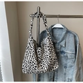 Large capacity canvas tote bag with black and white leopard print and knotted shoulder strap - Off White