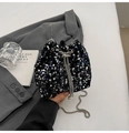 Chic black sequin bucket bag with silver chain strap and white pearl charm detail - Colorful